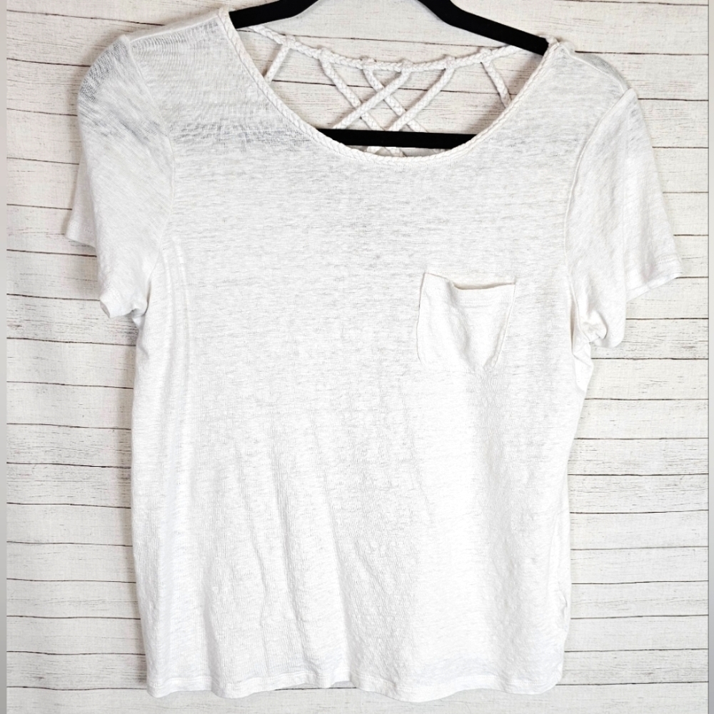 Boden 100% Linen Corded Cutout White Short Sleeve Top with Pocket